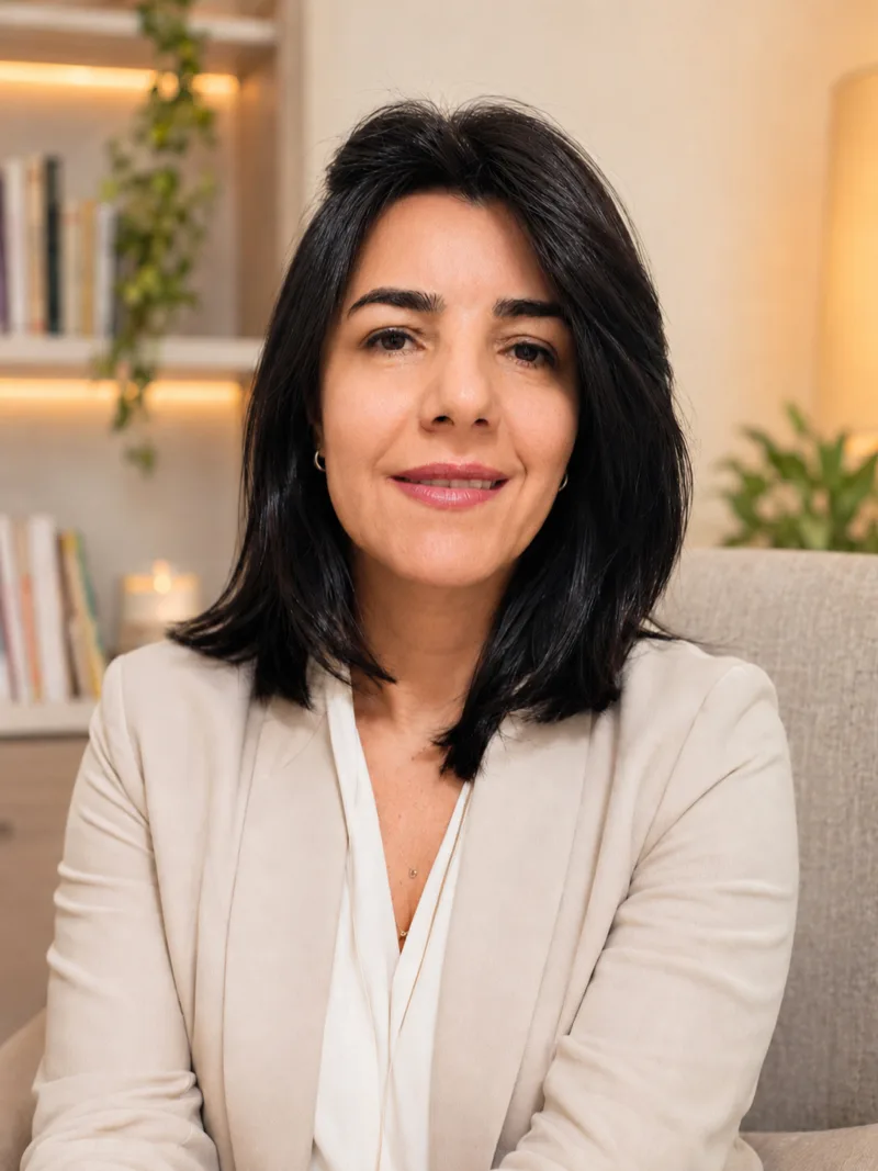 Rosangela Marin, psicanalista, sentada em uma poltrona